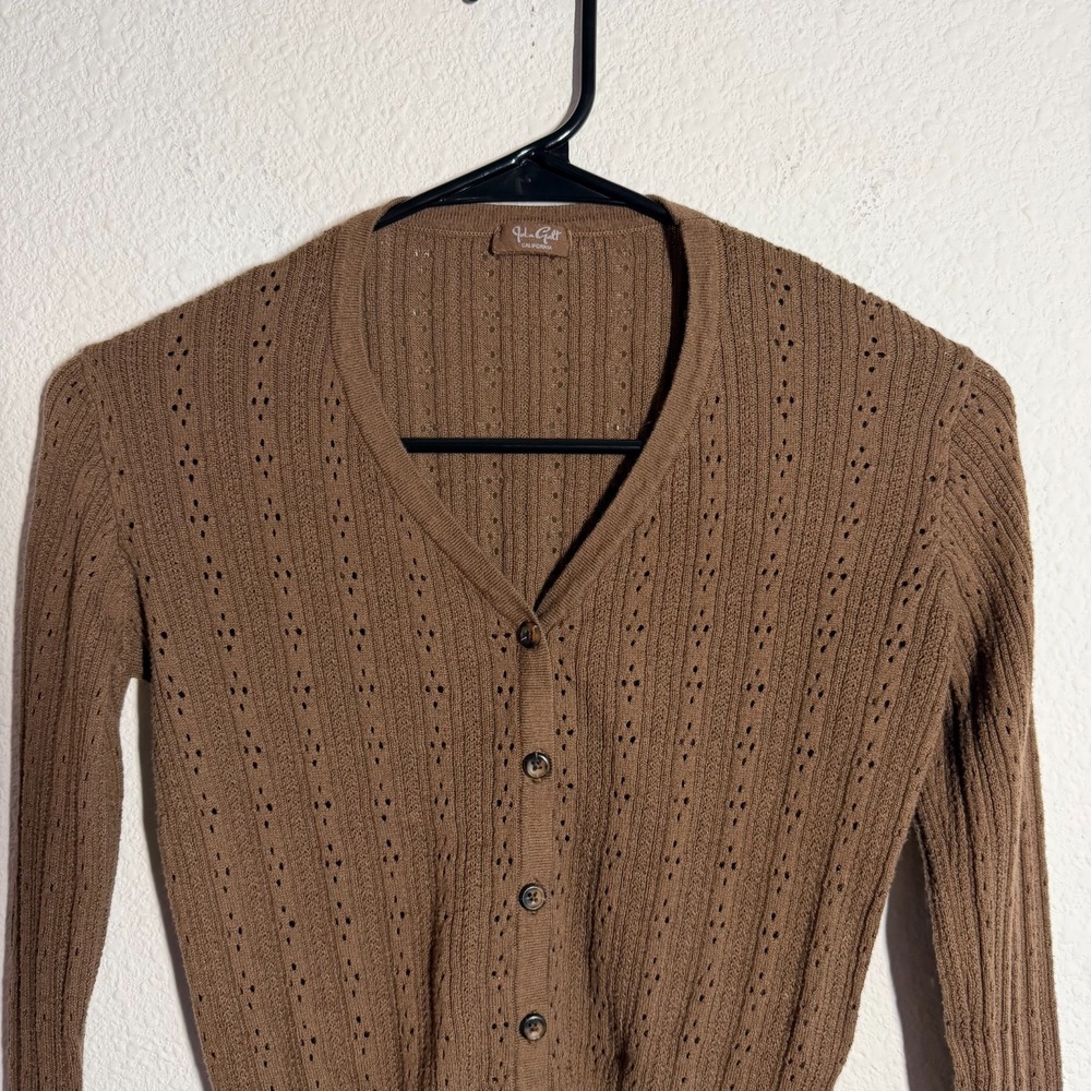 John Galt Cardigan Sweater Womens Brown Tight Knit V Neck Ribbed Warm Winter - Picture 2 of 9